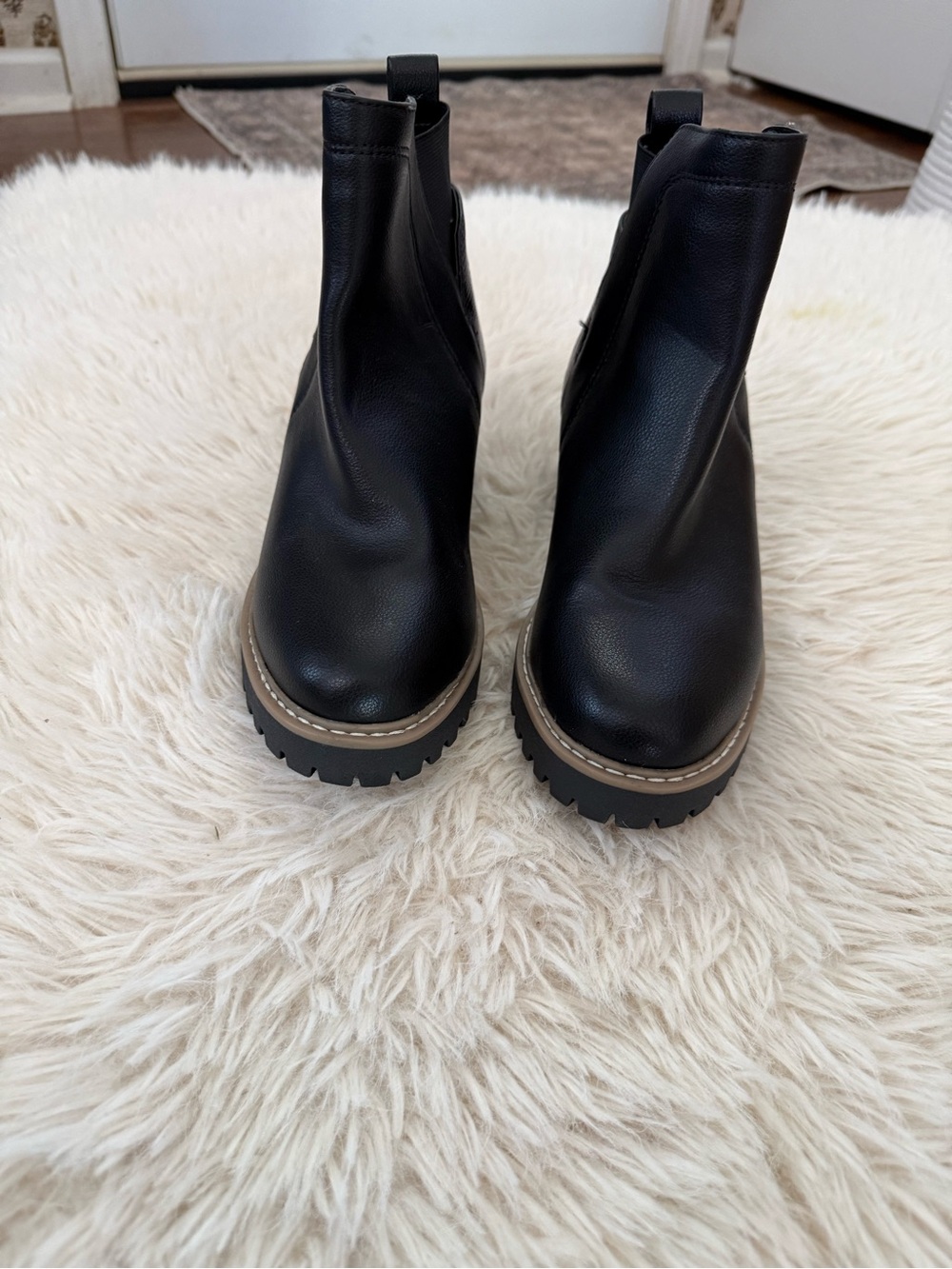 Dolce Vita Black Chunky Lug Chelsea Booties with Tan Trim
